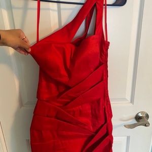 One Shoulder Red Formal Cocktail Dress with Ruching, Size Medium